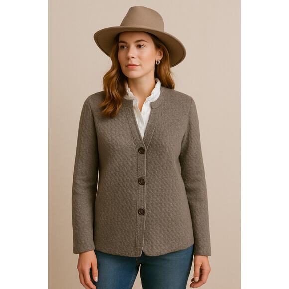 Eileen Fisher SZ L Button Wool Blend Front Notch Collar Textured Cardigan Brown - Picture 1 of 6